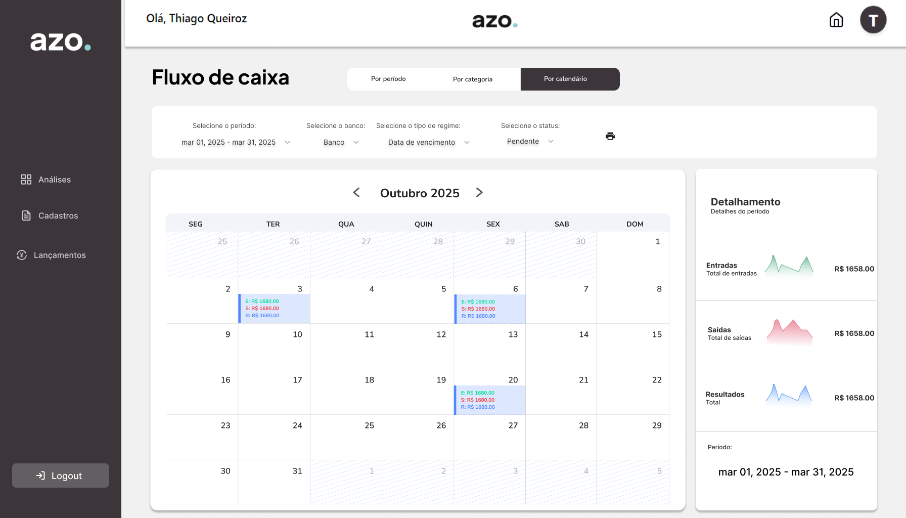 Fluxo de caixa por calendário